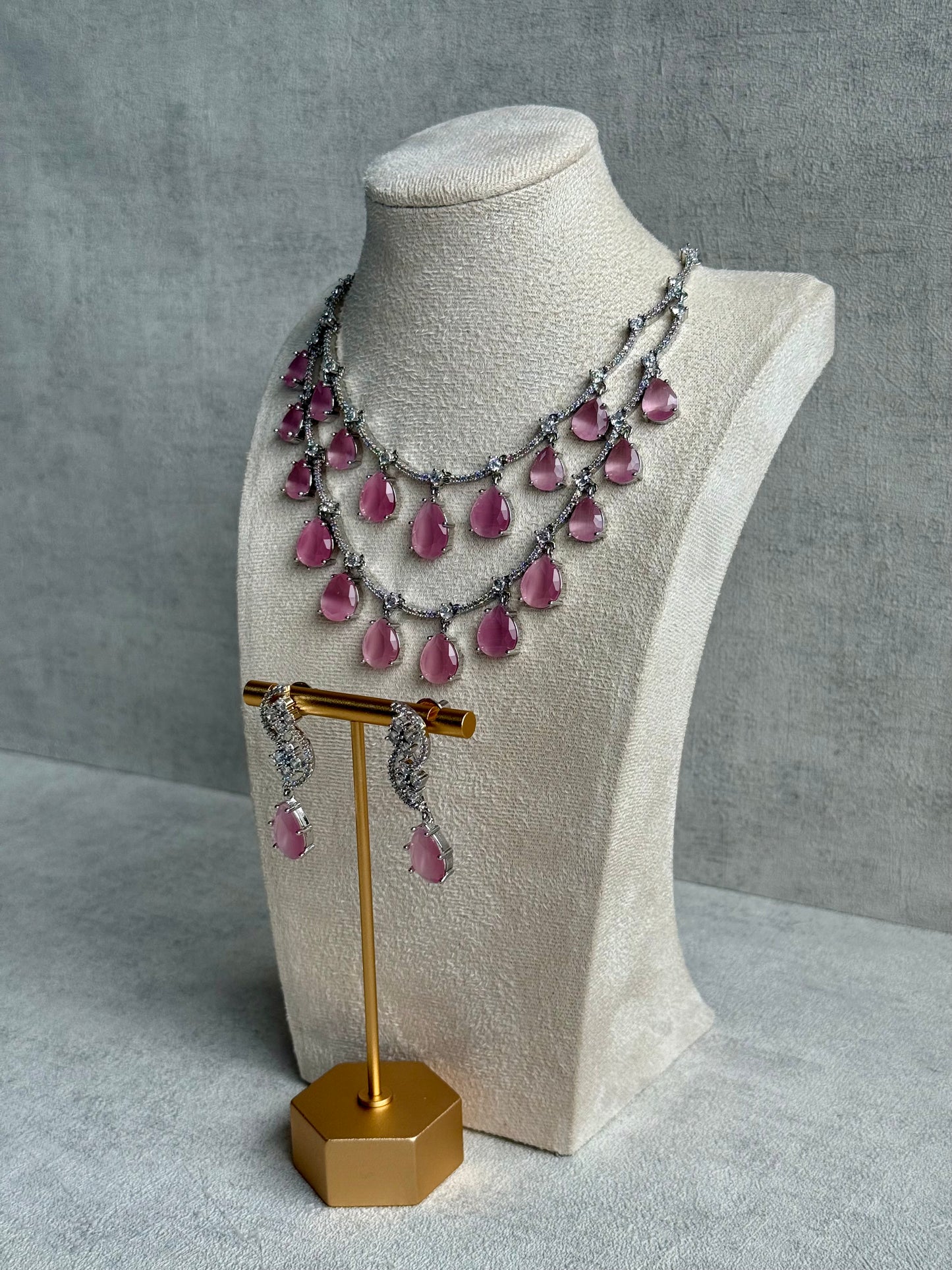 Ayura Designs Nida Set with Necklace & Earrings – Blush Pink Stones, Diamond-Cut Accents & Silver Finish