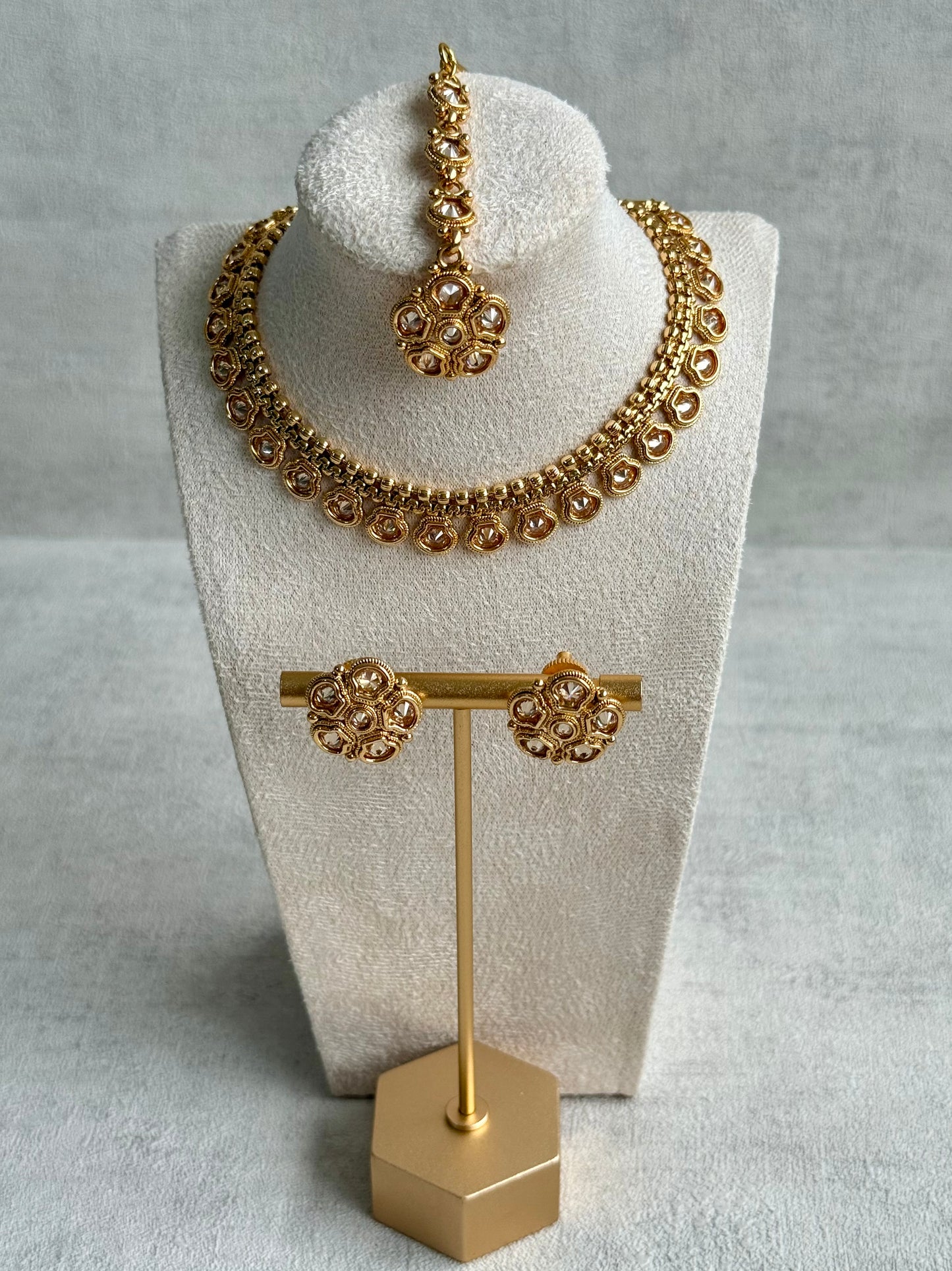 Ayura Designs Amala Set with Necklace, Studs & Tikka – Mirror-Cut Stones in Antique Gold Finish