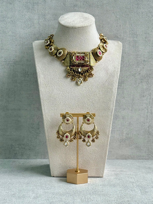 Ayura Designs Purvi Set – Necklace & Earrings with Antique Gold Filigree, Fuchsia Pink & Pearl Detailing