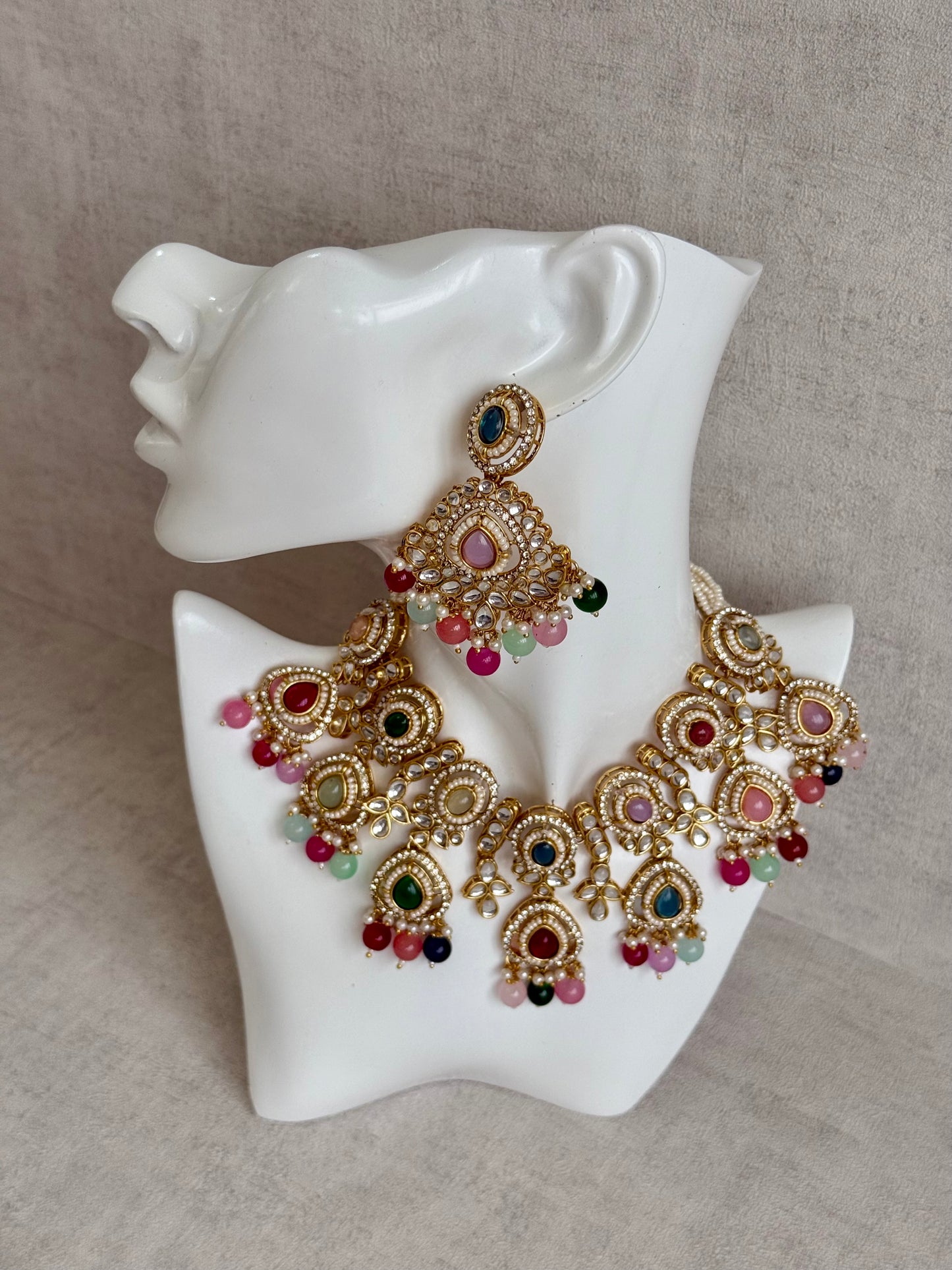 Ayura Designs Janvi Set with Necklace, Earrings & Tikka – Kundan Detailing, Multicolour Beads & Pearl Drops