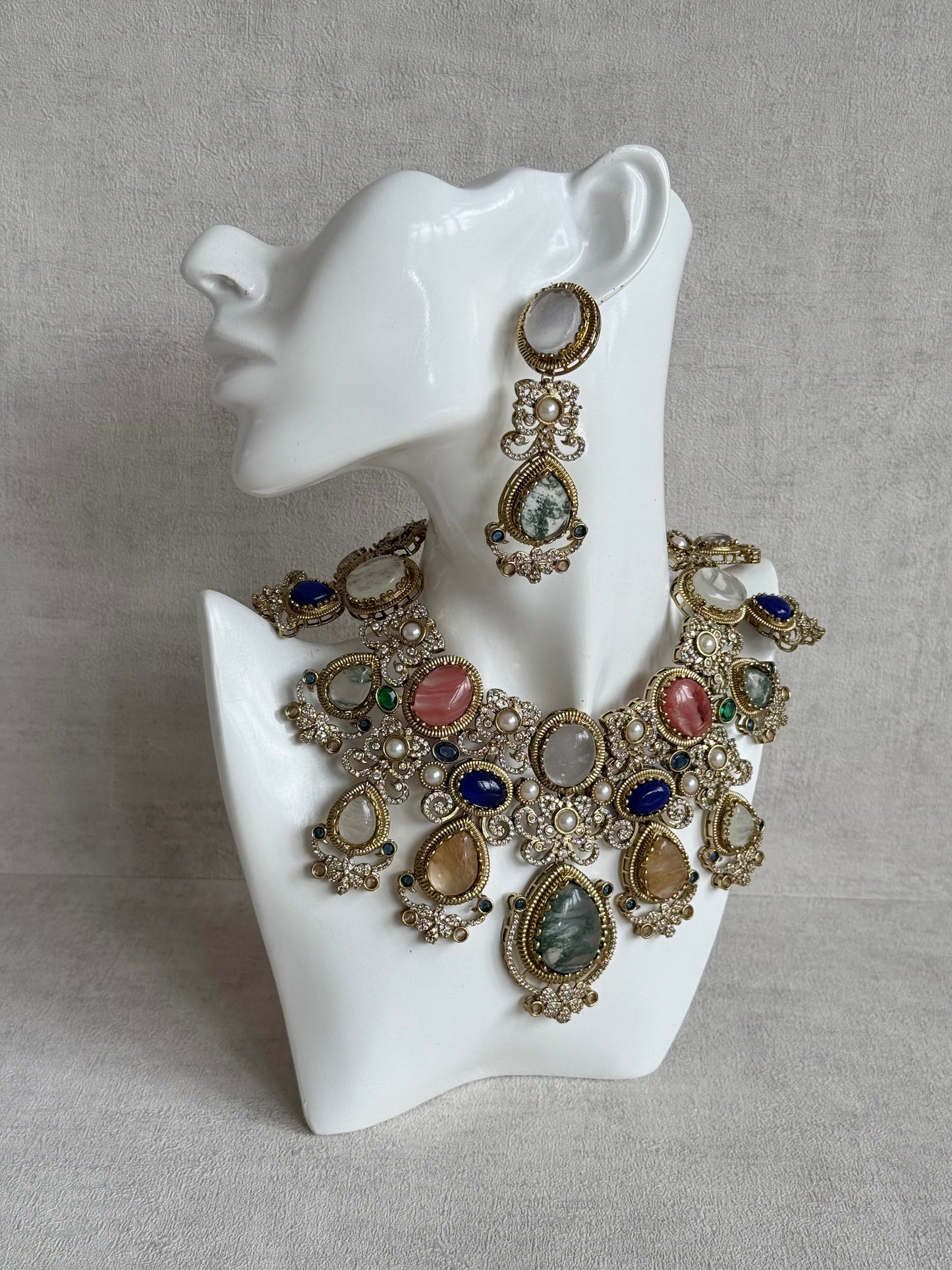 Ayura Designs Kimmy Necklace Set with Earrings – Statement Multicolour Necklace with Marble Stone Details & Crystal Work