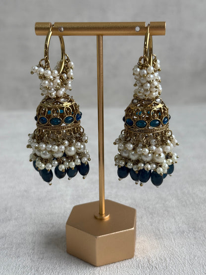 Ayura Designs Jugni Jhumkis – Antique Gold Balis with Ink Blue Beads & Pearl Clusters