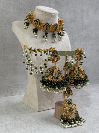 Ayura Designs Noor Set – Choker, Jhumkis with Sahare & Tikka in Emerald Green with Pearl Detailing