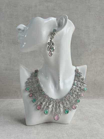 Ayura Designs Skye Necklace Set with Earrings – Blush Pink & Mint Green Stones with Crystal Detailing in Silver Finish