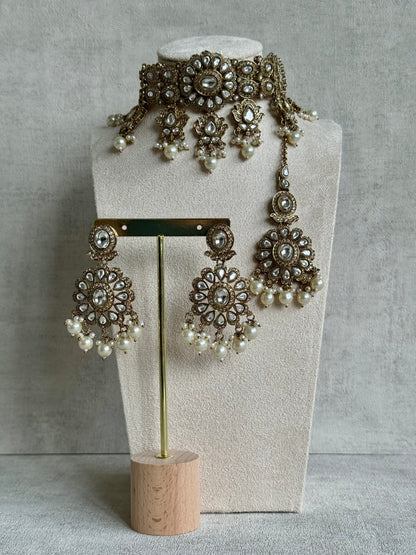 Ayura Designs Nevaya Set with Choker, Earrings & Tikka – Antique Gold with Mirror-Cut Stones & Pearl Drops