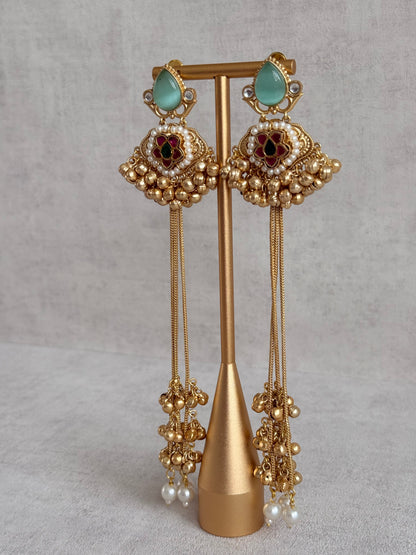 Ayura Designs Nishat Earrings – Kashmiri Duster Earrings with Mint Green Stones, Pearl Drops & Ghungroo Detailing