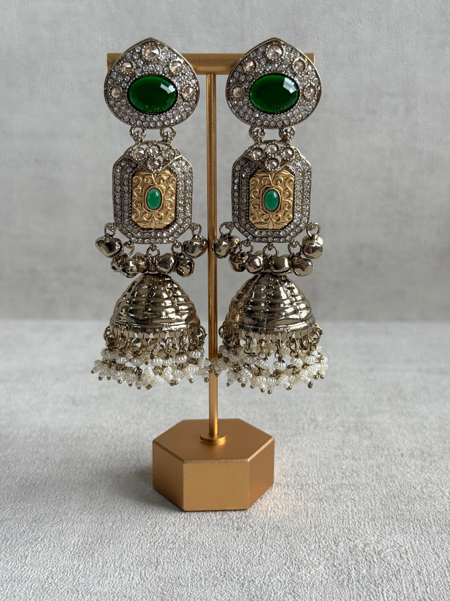Ayura Designs Maara Jhumkis – Champagne Gold with Emerald Green Stones, Crystals, Ghungroos & Pearl Detailing