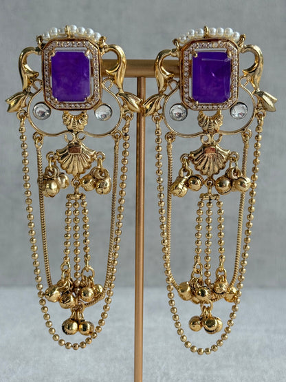 Ayura Designs Jaid Earrings – Royal Purple Floral Motif with Layered Chains & Ghungroos
