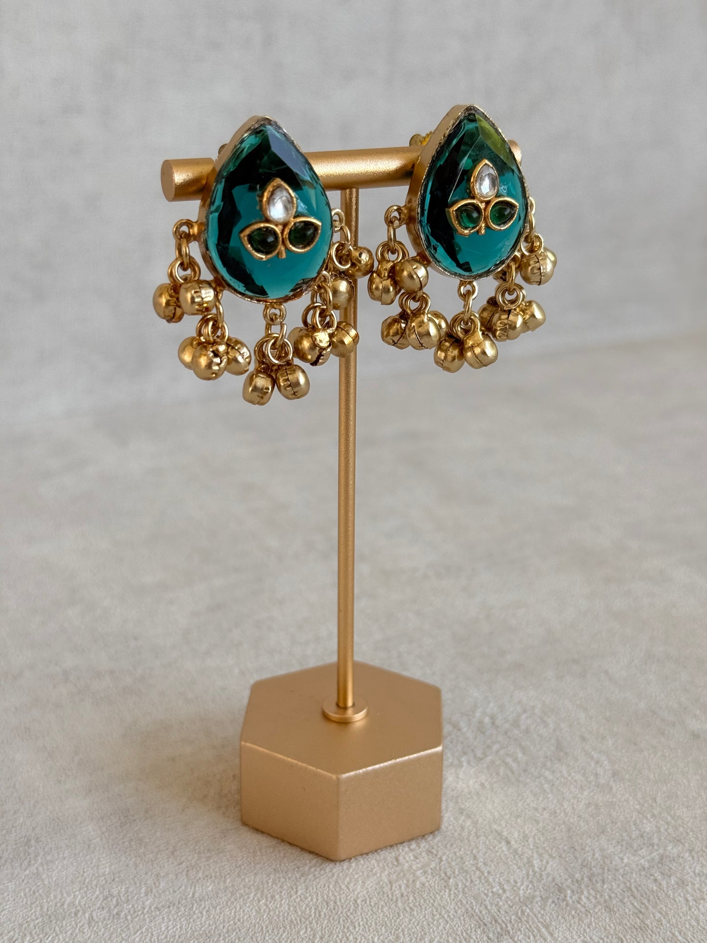 Ayura Designs Aykai Earrings – Teal Carved Teardrop Stud Earrings with Clear Kundan Stones and Gold Ghungroo Drops