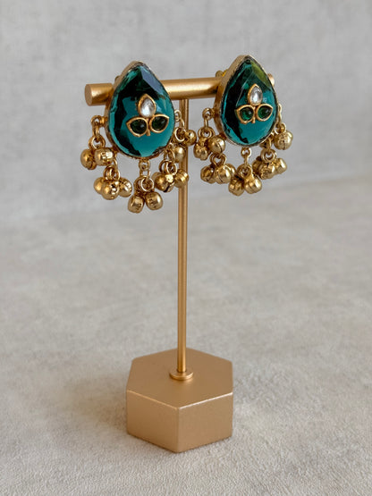 Ayura Designs Aykai Earrings – Teal Carved Teardrop Stud Earrings with Clear Kundan Stones and Gold Ghungroo Drops