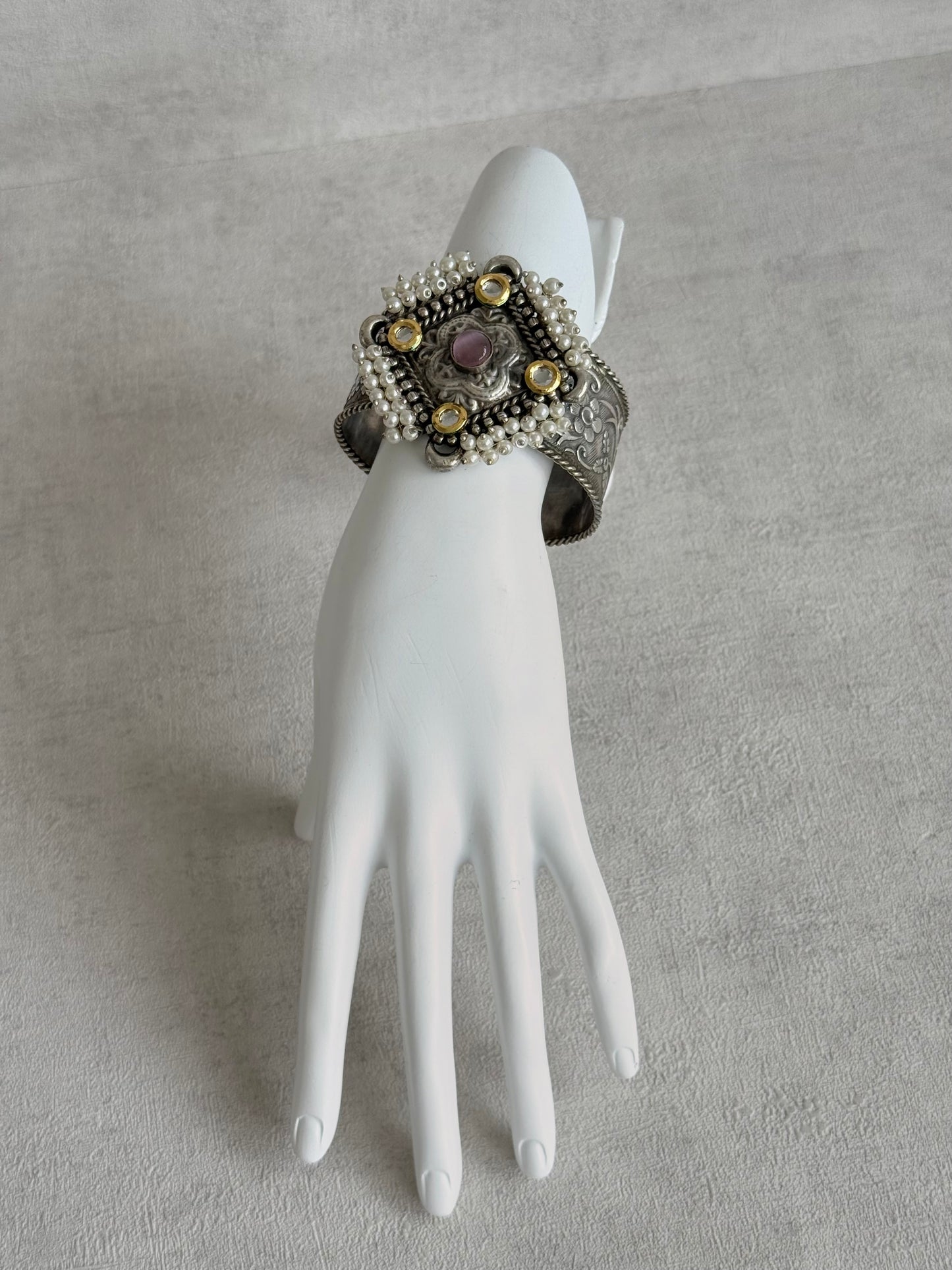 Ayura Designs Suhani Adjustable Kashmiri Cuff Bracelet – Pearl Floral Motif with Pink Stone & Kundan Detailing