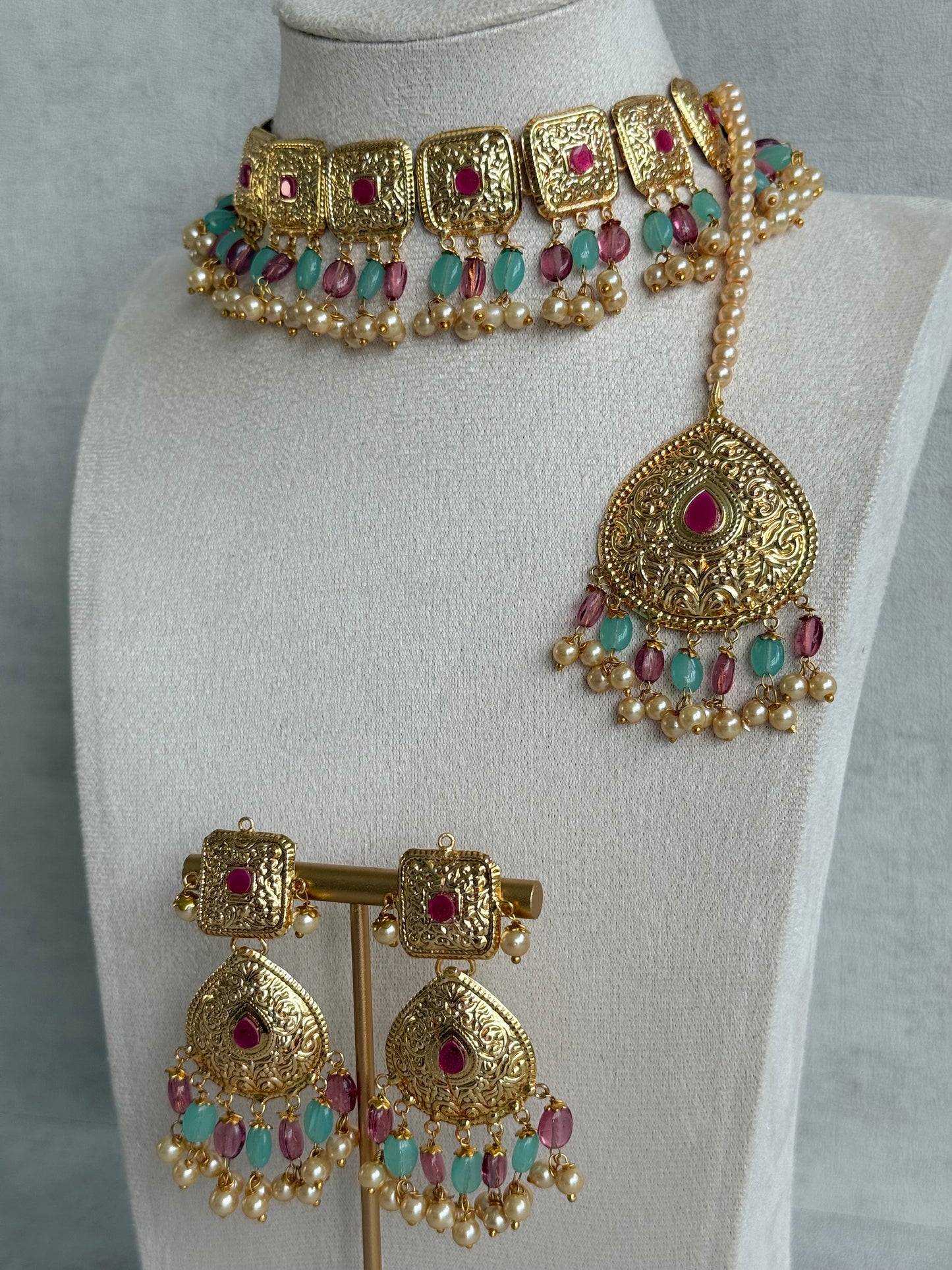 Ayura Designs Chetna Choker Set with Earrings & Tikka – Aqua & Rani Pink Beads, Cream Pearl Drops with Pipal Patti Detailing