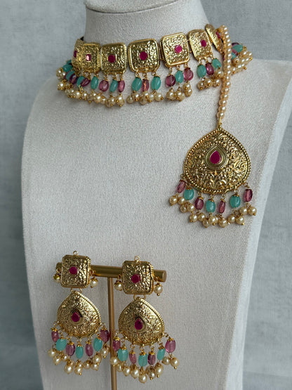 Ayura Designs Chetna Choker Set with Earrings & Tikka – Aqua & Rani Pink Beads, Cream Pearl Drops with Pipal Patti Detailing