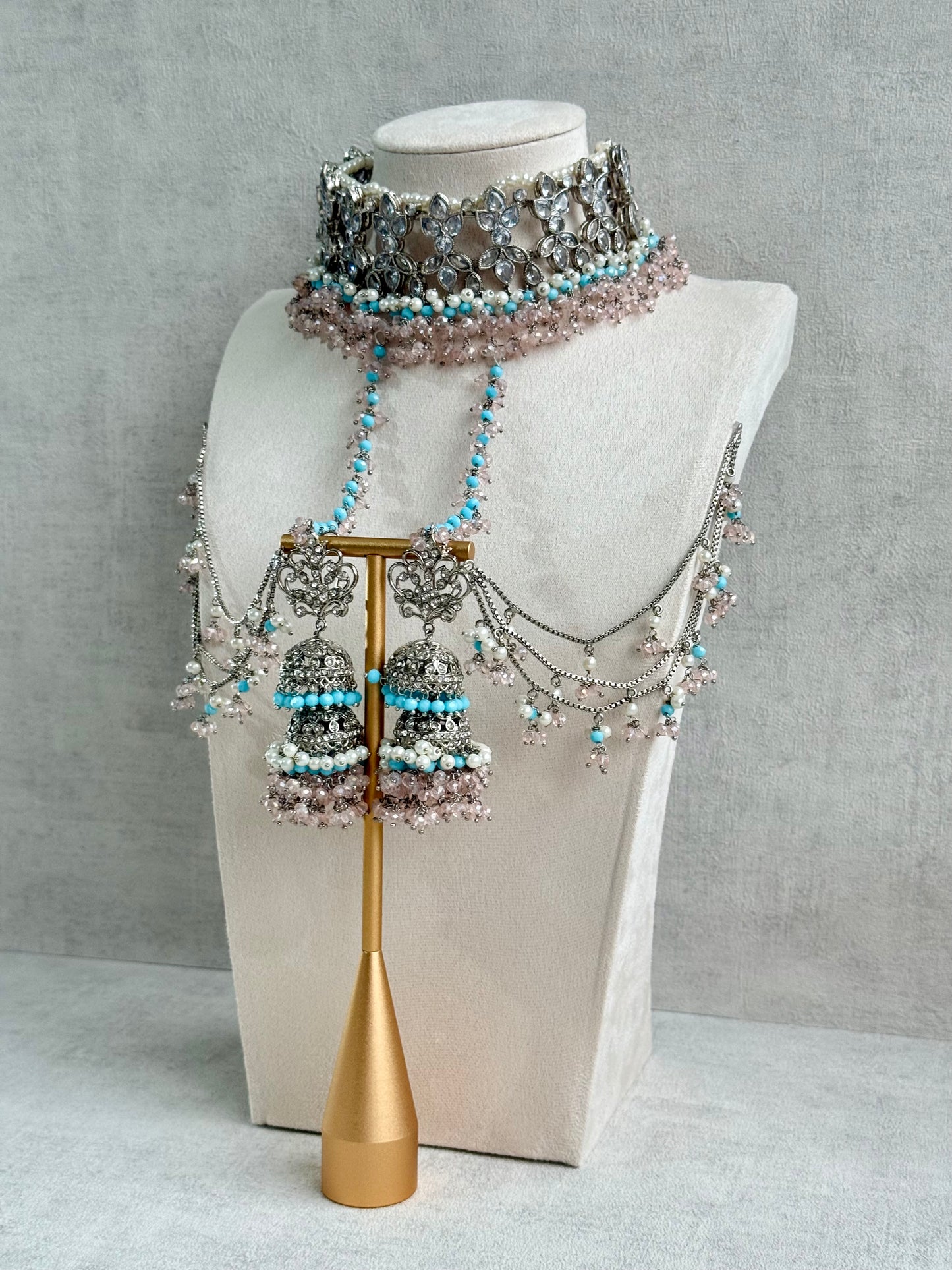 Ayura Designs Arasi Set with Choker, Passa, Tikka & Sahare Jhumkis – Antique Silver with Blush Pink Crystals, Aqua Blue Beads & Ivory Pearls