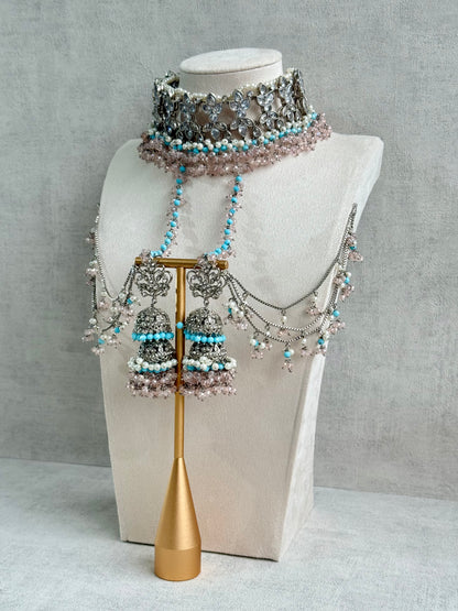 Ayura Designs Arasi Set with Choker, Passa, Tikka & Sahare Jhumkis – Antique Silver with Blush Pink Crystals, Aqua Blue Beads & Ivory Pearls