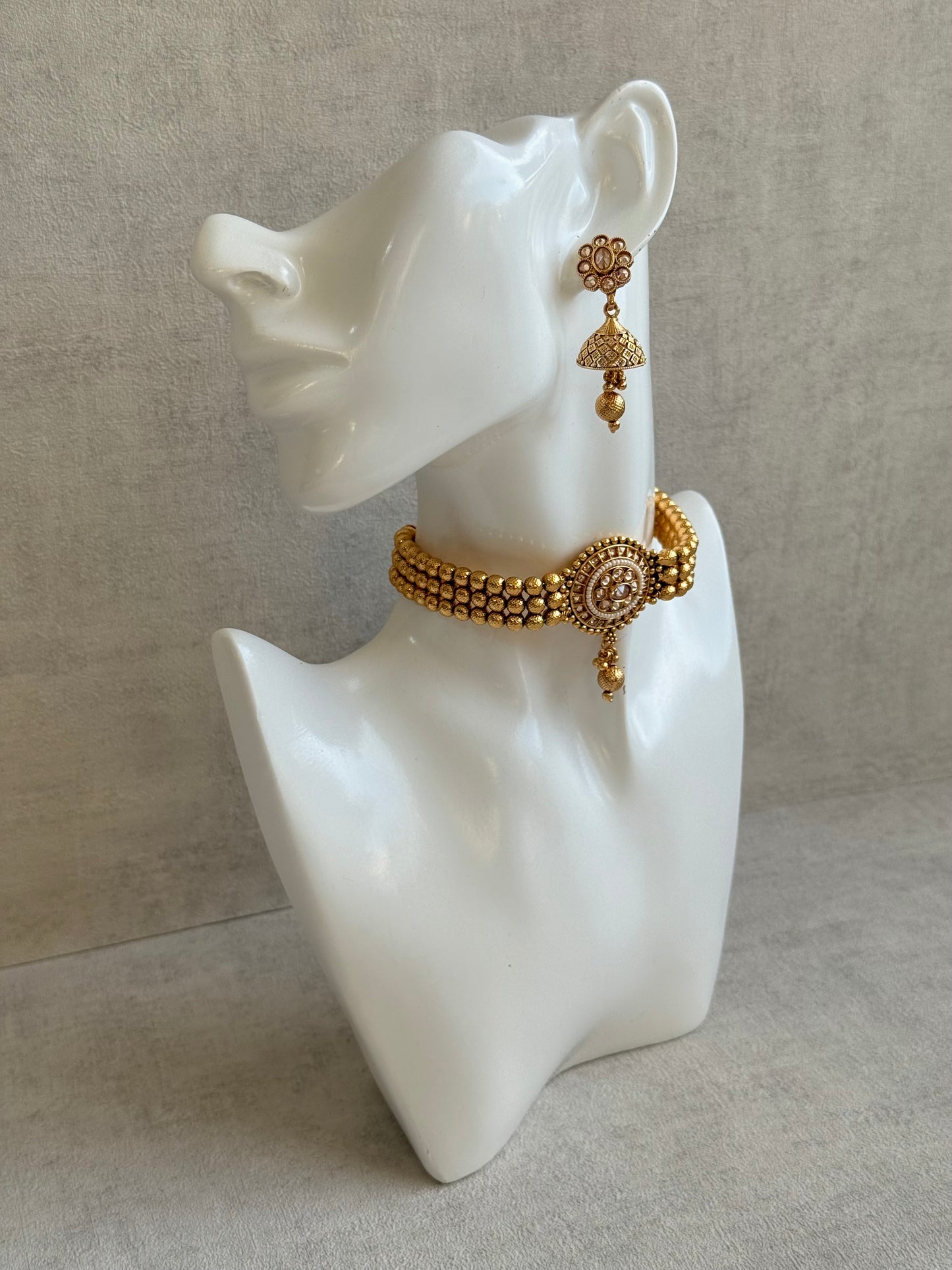 Ayura Designs Kavish Choker Set – Antique Gold Choker with Jhumkis in Champagne Stones & Pearl Detailing