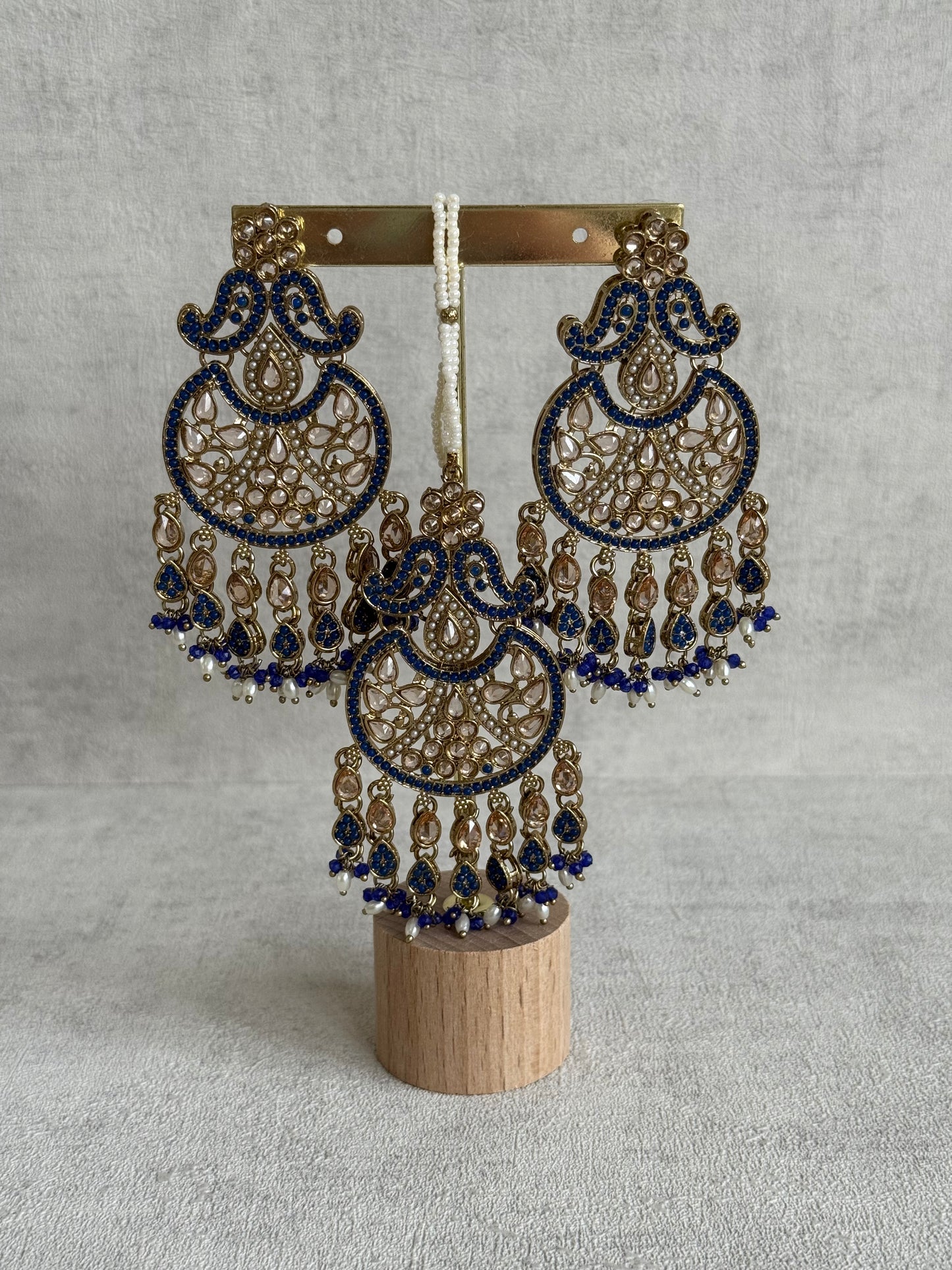 Ayura Designs Anvi Tikka Set with Earrings – Ink Blue with Champagne Stones & Pearl Drops