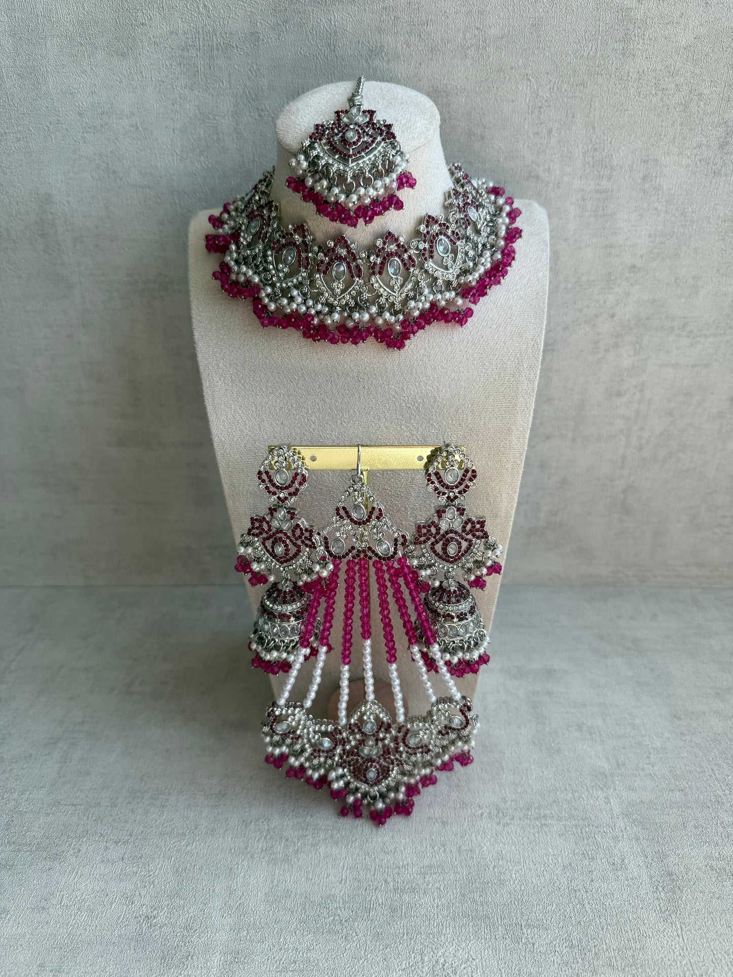 Ayura Designs Wania Set with Jhumkis, Tikka & Passa – Fuchsia Beads, Mirror-Cut Stones & Antique Silver Finish