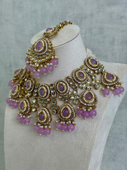 Ayura Designs Janvi Set with Necklace, Earrings & Tikka – Kundan Detailing, Lilac Beads & Ivory Pearl Drops