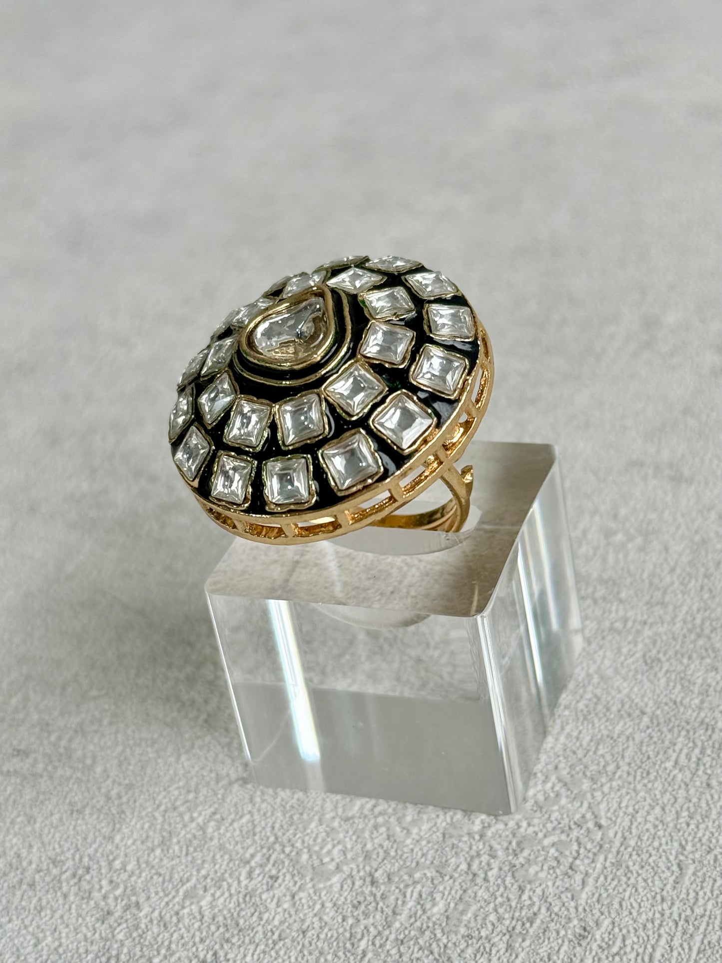 Ayura Designs Zaib Adjustable Ring – Mirror-Cut Stone with Green Enamel & Crystal Detailing