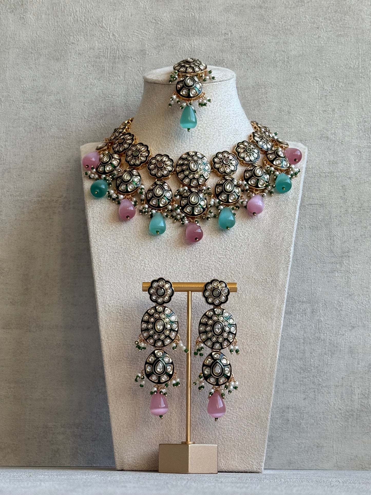 Ayura Designs Sumaira Set with Passa – Necklace, Earrings, Tikka & Passa with Kundan, Green Meenakari Detailing & Aqua-Pink Drops