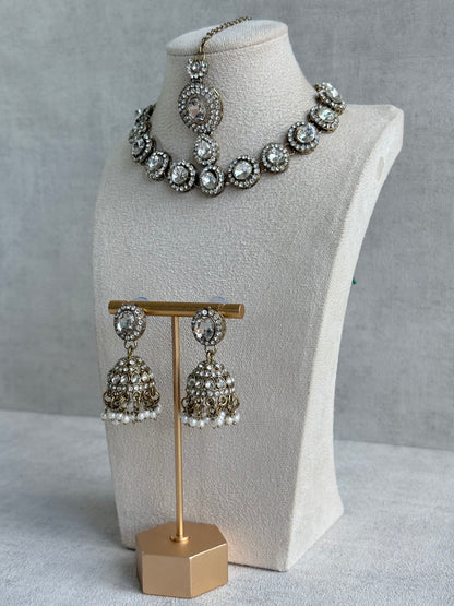 Ayura Designs Eira Necklace Set with Earrings & Tikka – Crystal Stones with Antique Gold Finish