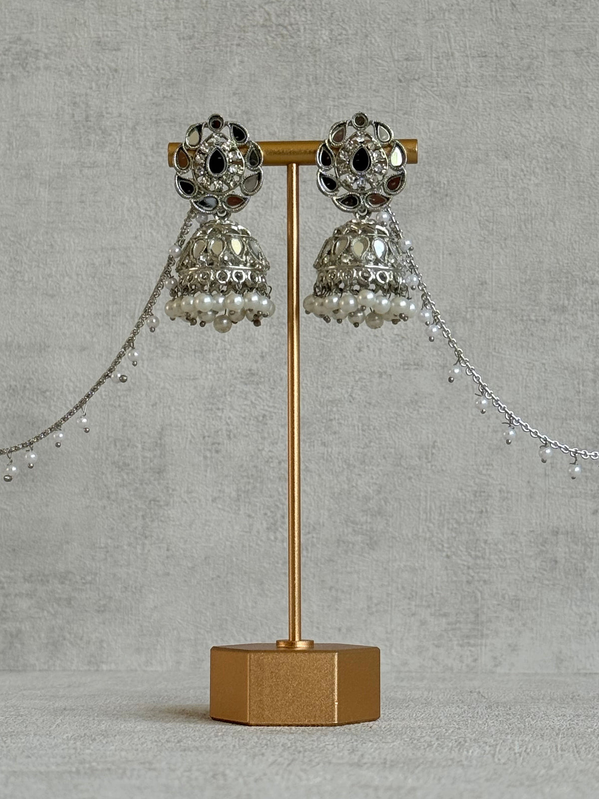Ayura Designs Mira Jhumkis – Silver Mirror-Cut Earrings with Detachable Single-Layer Pearl Sahare