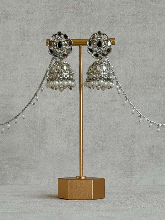 Ayura Designs Mira Jhumkis – Silver Mirror-Cut Earrings with Detachable Single-Layer Pearl Sahare