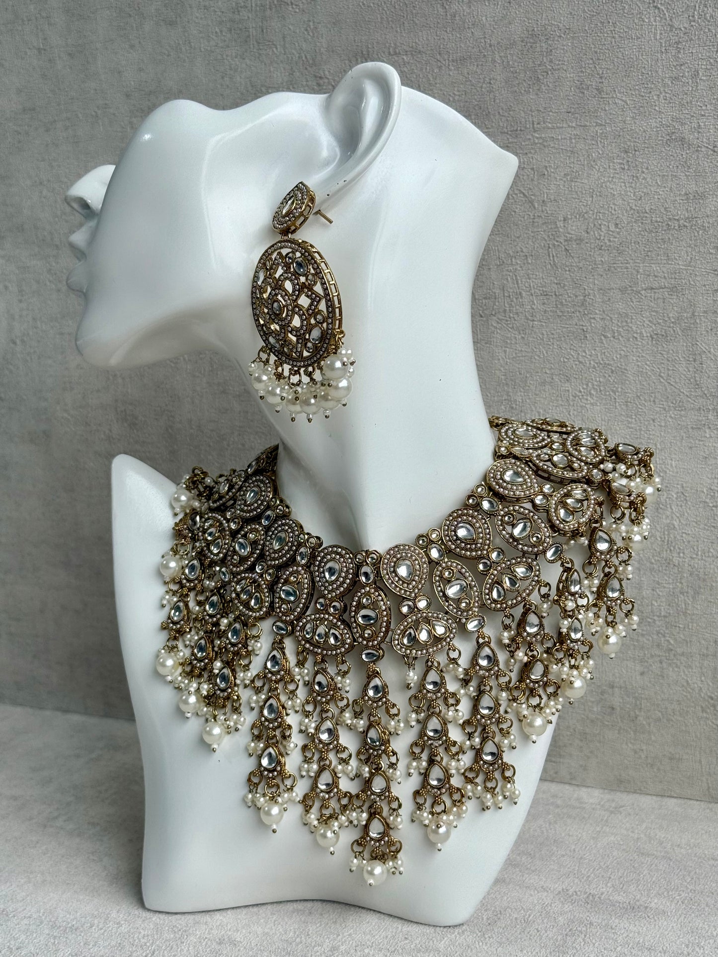 Ayura Designs Tanya Bridal Set with Necklace, Earrings & Tikka – Ivory Pearls, Mirror-Cut Stones & Antique Gold Finish