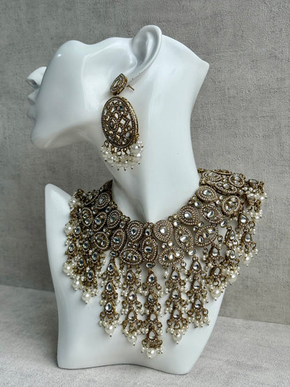 Ayura Designs Tanya Bridal Set with Necklace, Earrings & Tikka – Ivory Pearls, Mirror-Cut Stones & Antique Gold Finish