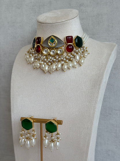 Ayura Designs Vahida Choker Set with Earrings – Multicolour Stone Choker with Pearl Drops & Kundan Detailing