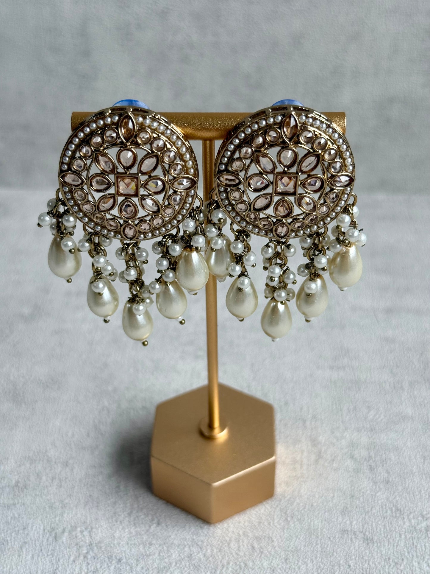 Ayura Designs Aynoor Earrings – Antique Gold Finish with Mirror-Cut Stones & Pearl Drops