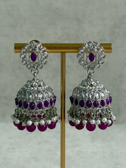 Ayura Designs Rayal Set – Silver Necklace, Jhumkis & Tikka with Amethyst Purple Stones & Pearl Detailing