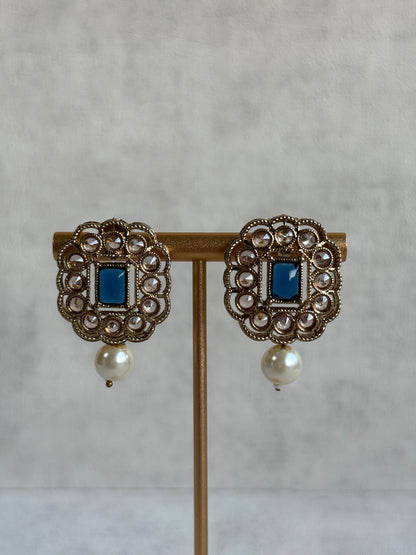 Ayura Designs Dania Set with Necklace, Stud Earrings & Tikka – Midnight Blue Stones, Pearl Drops & Antique Gold Finish