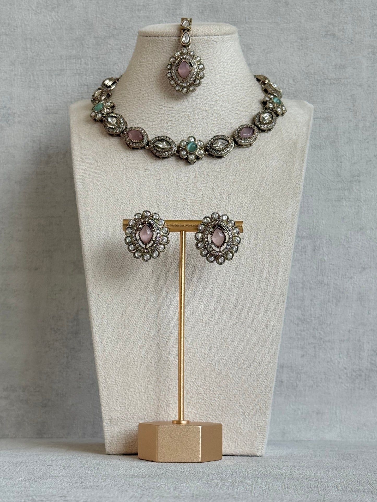 Ayura Designs Ivy Necklace Set with Studs & Tikka – Blush Pink & Mint Green Kundan Detailing