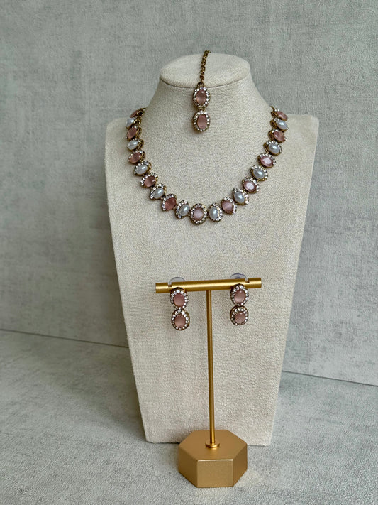 Ayura Designs Eira Set – Necklace, Earrings & Tikka with Blush Pink & Ivory Oval Stones in Antique Gold