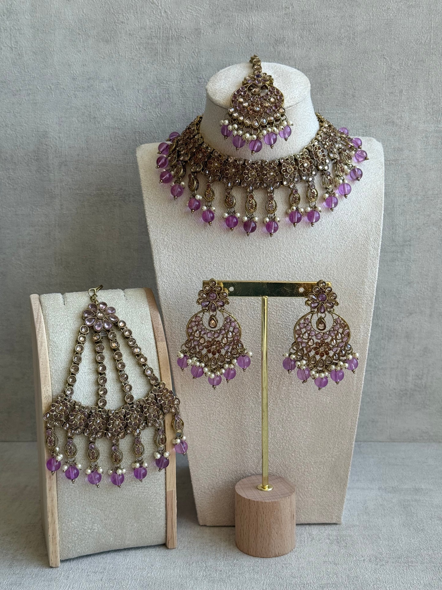 Ayura Designs Nehaat Set with Choker, Earrings, Tikka & Passa – Antique Gold with Lavender Beads, Pearls & Kundan Detailing