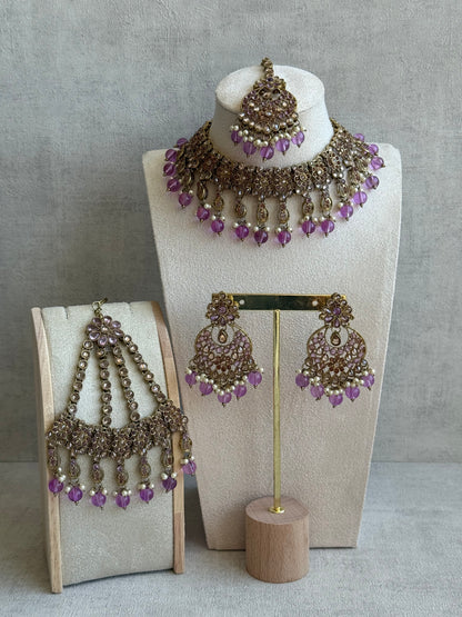 Ayura Designs Nehaat Set with Choker, Earrings, Tikka & Passa – Antique Gold with Lavender Beads, Pearls & Kundan Detailing