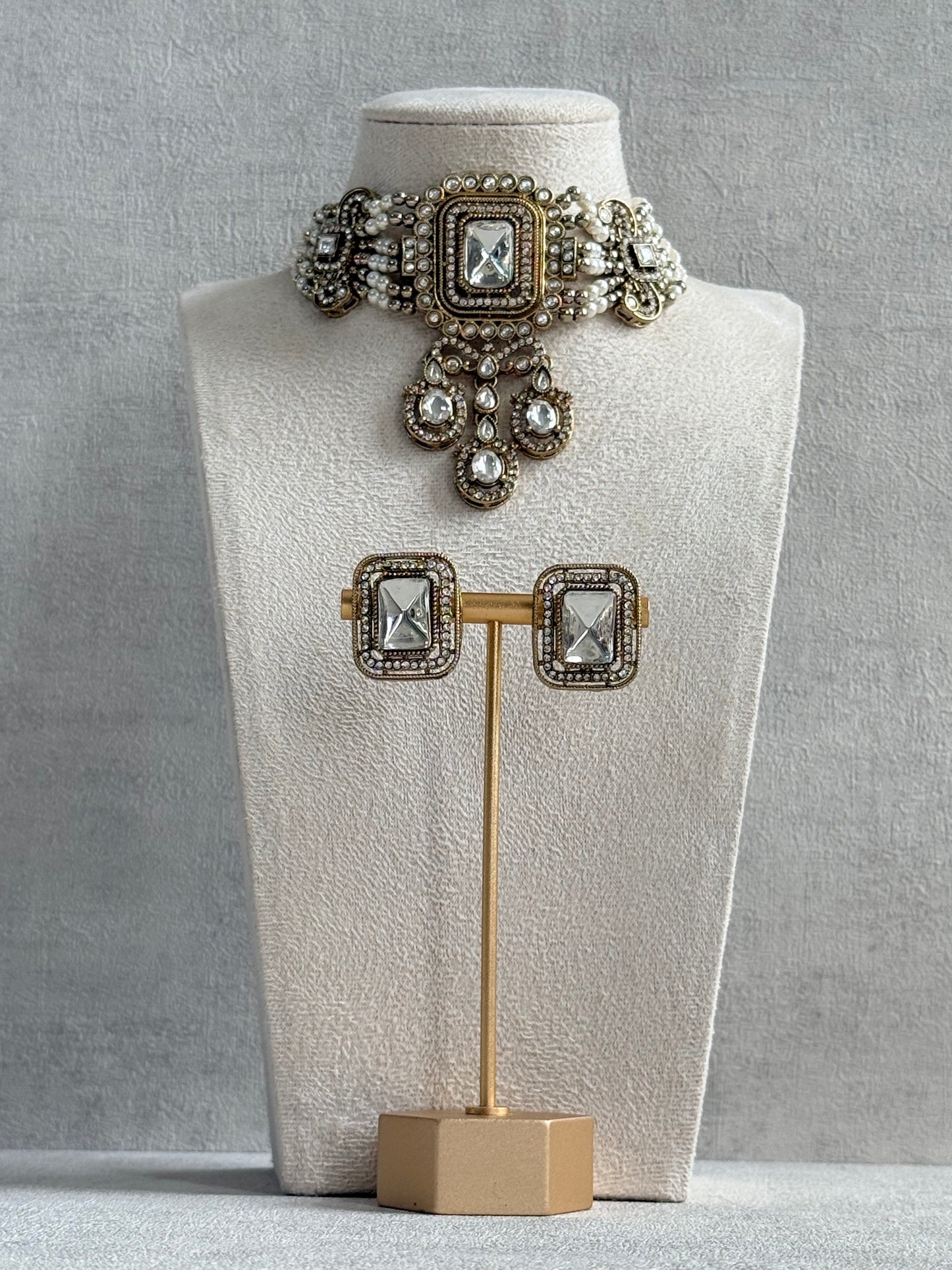 Ayura Designs Nabiha Choker Set with Studs – Ivory Pearl, Crystal Detailing & Gold Finish