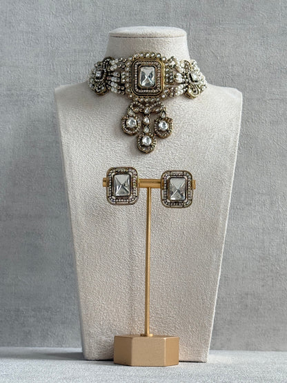 Ayura Designs Nabiha Choker Set with Studs – Ivory Pearl, Crystal Detailing & Gold Finish
