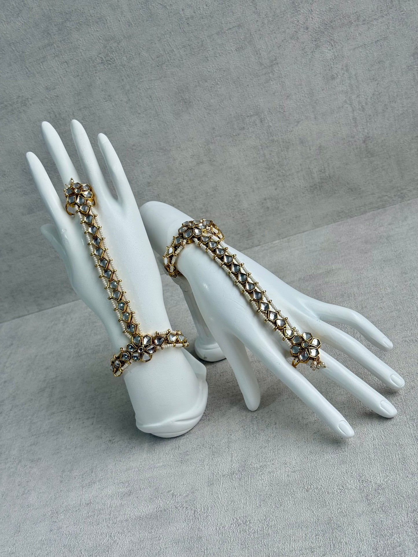 Ayura Designs Yara Haathphool – Mirror-Cut Stones with Pearl Bead Detailing in Antique Gold Finish