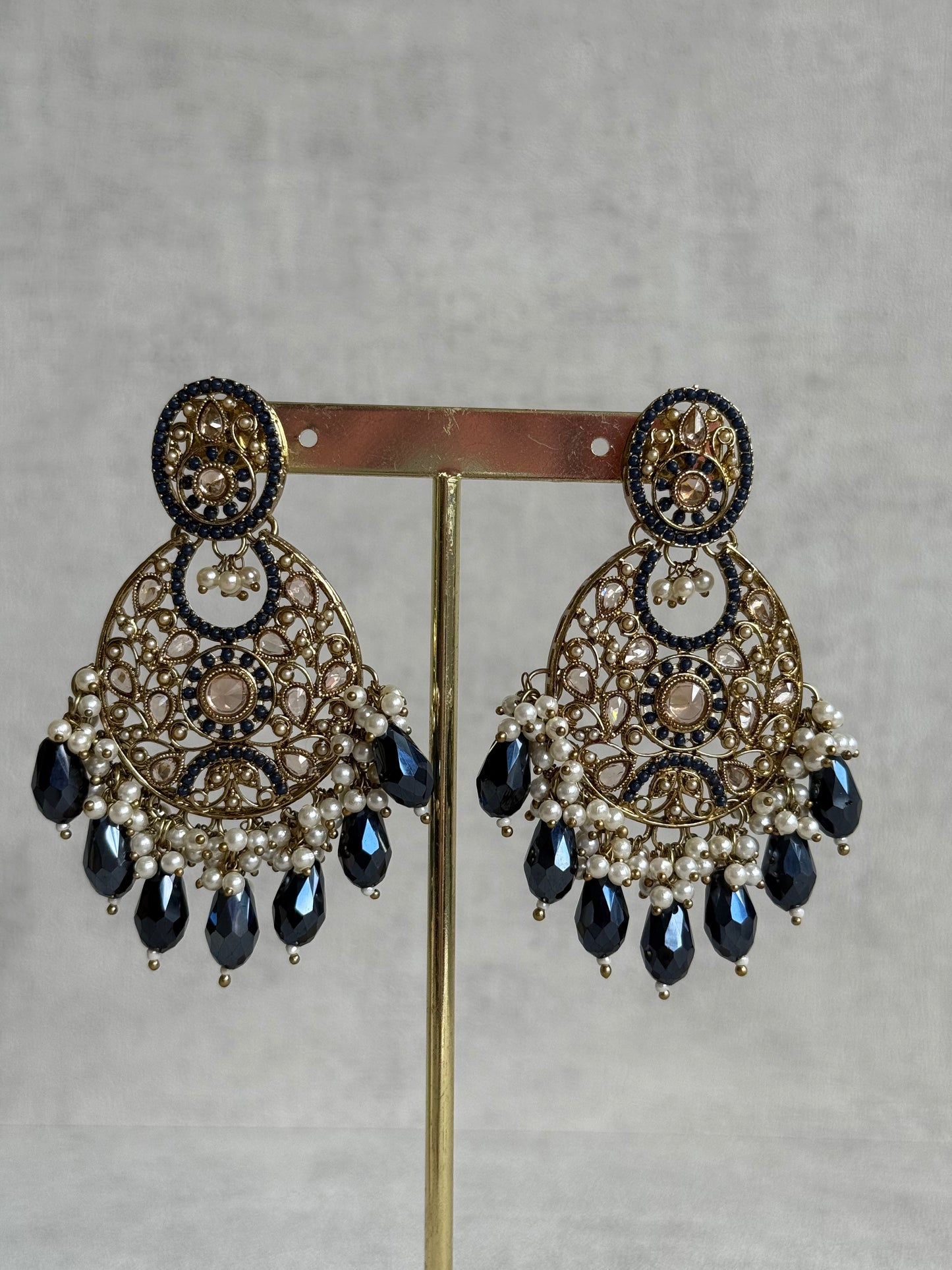 Ayura Designs Almas Tikka Set with Earrings, Tikka & Sahara – Midnight Blue Beads & Antique Gold Finish