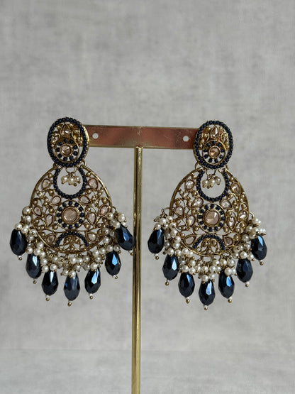 Ayura Designs Almas Tikka Set with Earrings, Tikka & Sahara – Midnight Blue Beads & Antique Gold Finish