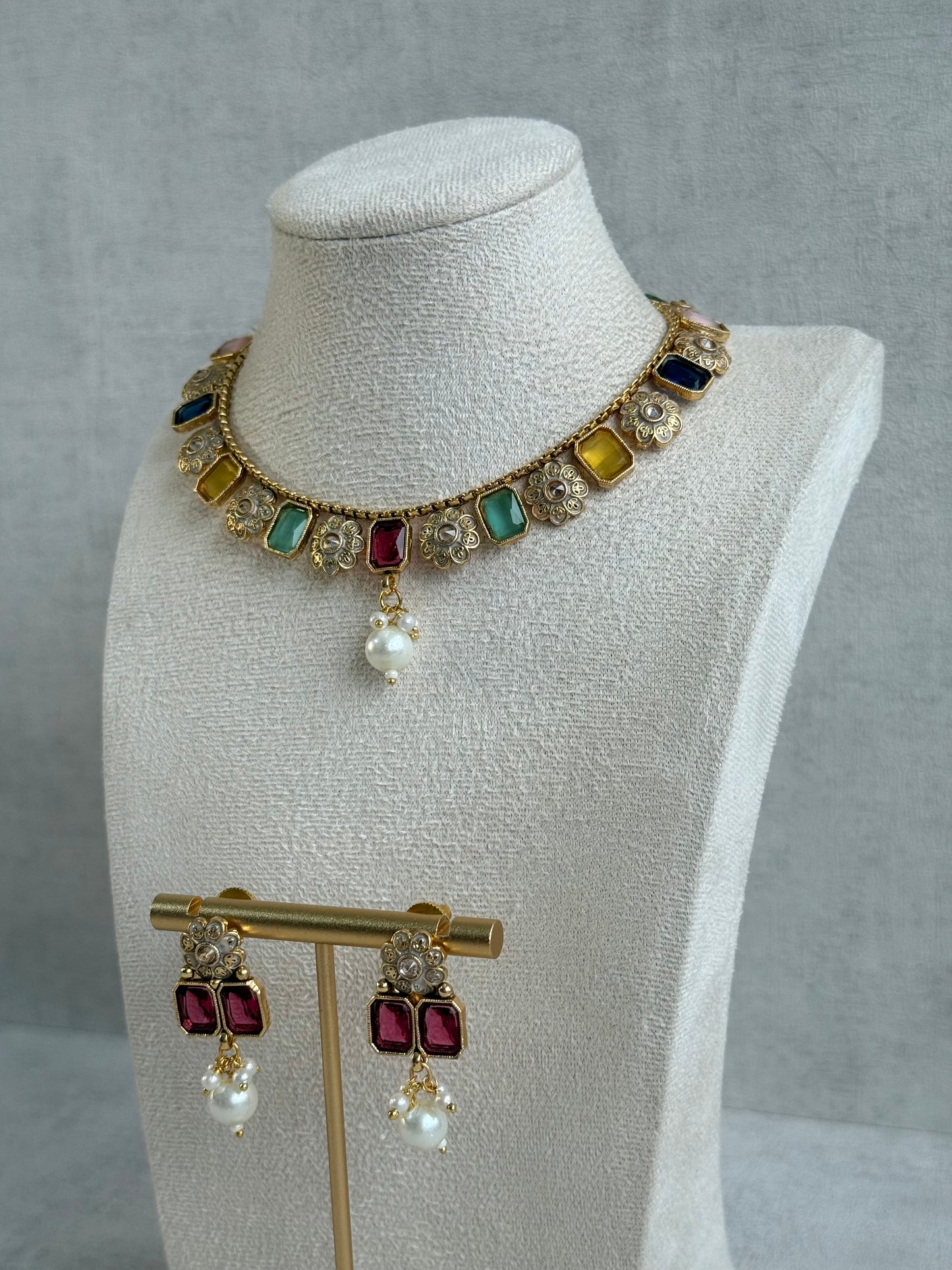Ayura Designs Padma Necklace Set with Earrings – Multicolour Stones with Pearl Drop Detailing