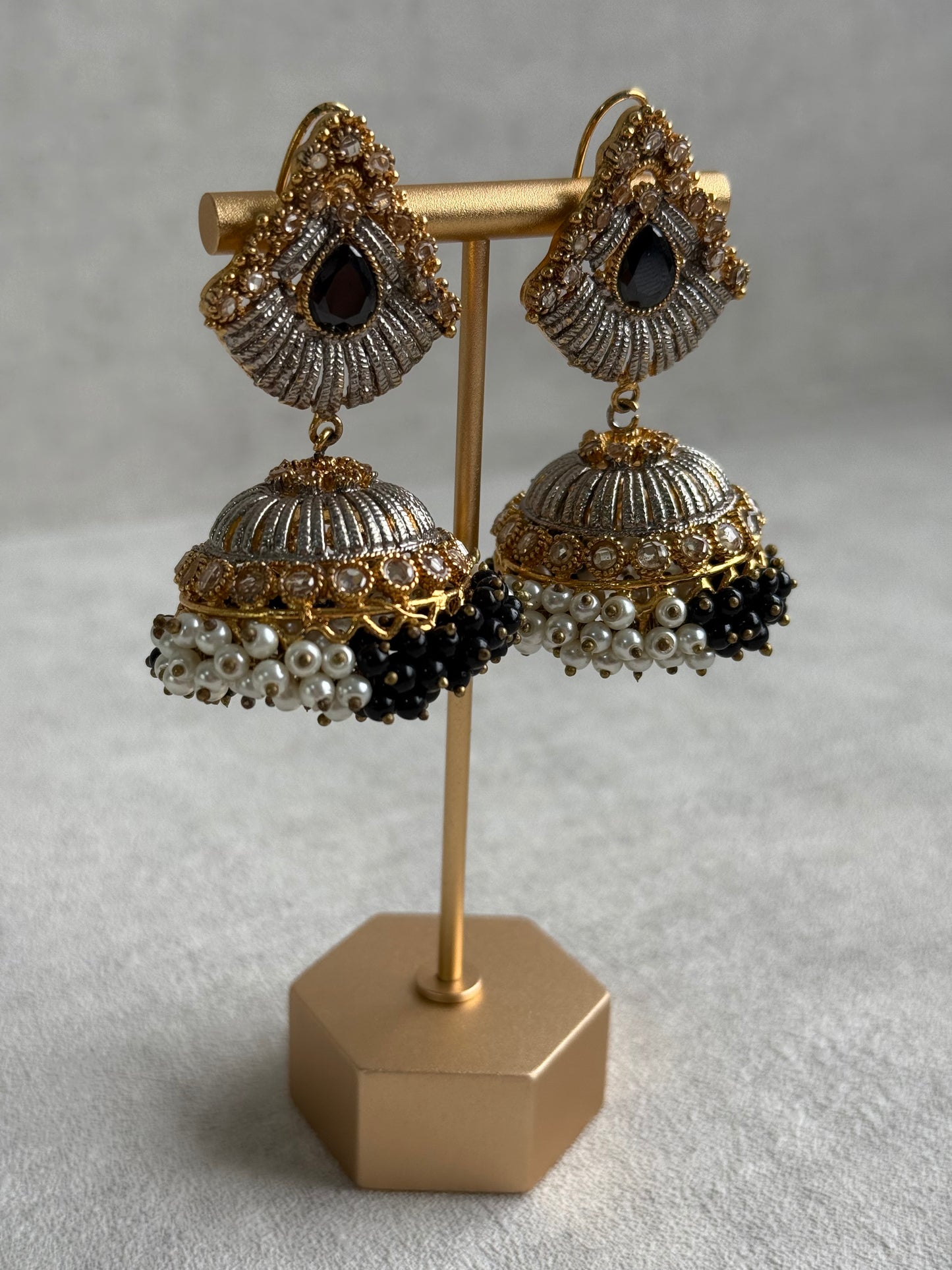 Ayura Designs Nasha Jhumkis – Silver & Gold Dual-Tone Earrings with Black & Pearl Beads