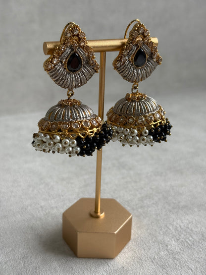 Ayura Designs Nasha Jhumkis – Silver & Gold Dual-Tone Earrings with Black & Pearl Beads