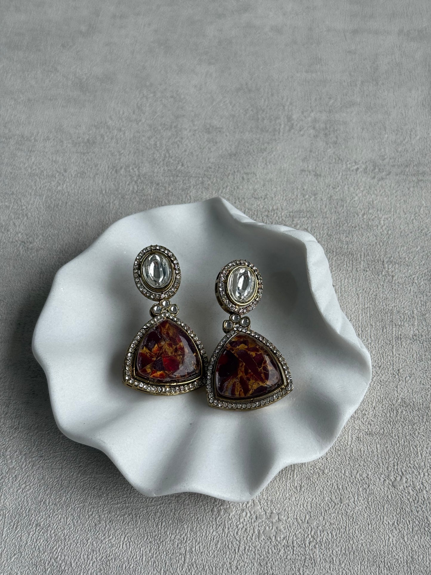 Ayura Designs Florence Earrings – mirror cut studs with Burnt Crimson Marble Resin & Crystal Borders
