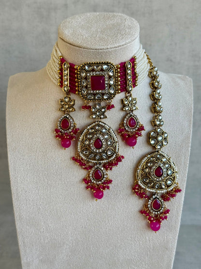 Ayura Designs Zarmeen Choker Set with Earrings & Tikka – Mirror-Cut Stones, Antique Gold Finish and Hot Pink Beads