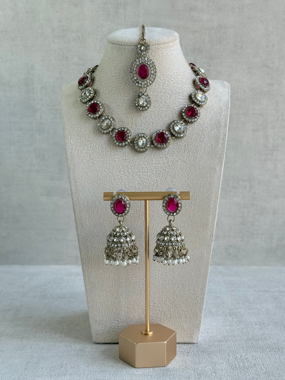 Ayura Designs Eira Necklace Set with Earrings & Tikka – Rani Pink & Crystal Stones with Antique Gold Finish