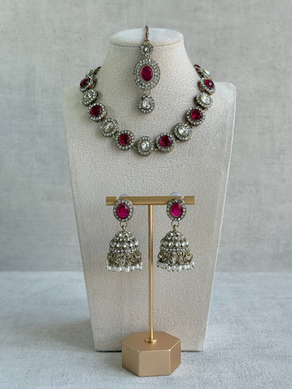 Ayura Designs Eira Necklace Set with Earrings & Tikka – Rani Pink & Crystal Stones with Antique Gold Finish